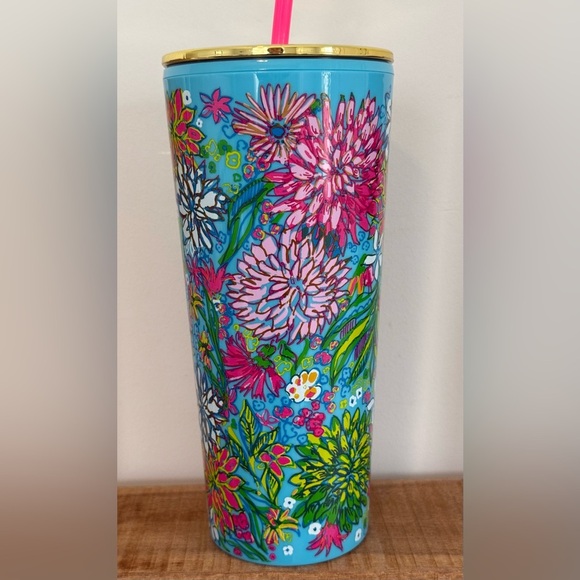 Lilly Pulitzer double wall tumbler w/ straw Floral 24oz Walking on Sunshine - Picture 4 of 7